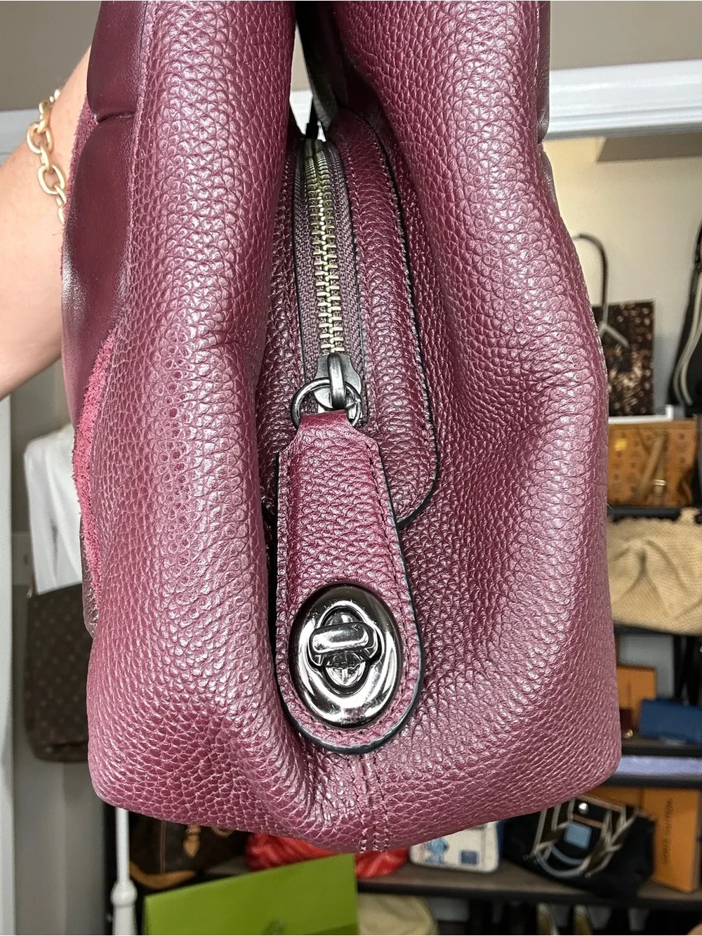 Coach Patchwork Suede & Leather Hobo Shoulder Bag 2016 Burgundy Metallic - Picture 7 of 13